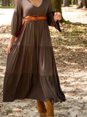 NATURAL LIFE CHARLOTTE Chocolate brown dress with long sleeve